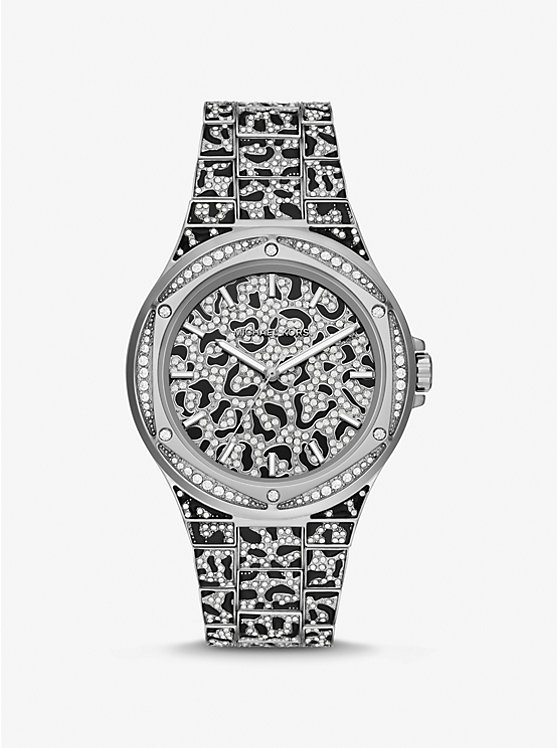 Women Michael Kors Oversized Lennox Animal Pavé Silver-Tone Watches Silver | DUZMIK-982