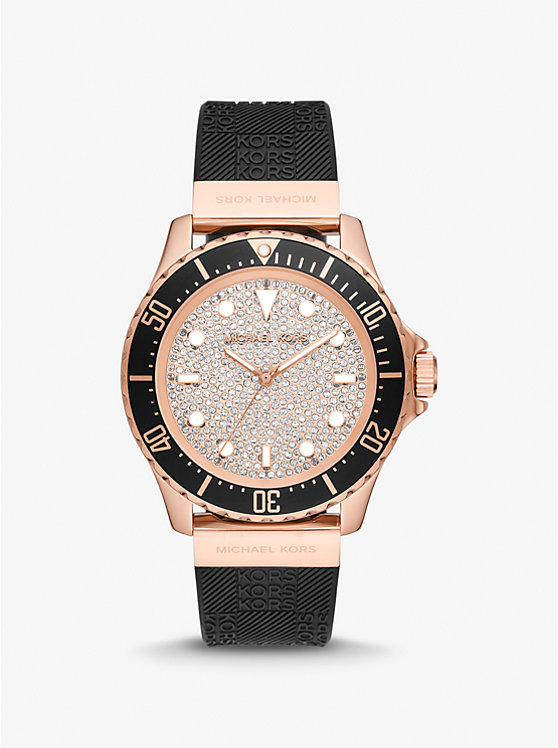 Women Michael Kors Oversized Slim Everest Pavé Rose-Gold Tone and Embossed Silicone Watches Black | CZENOW-905