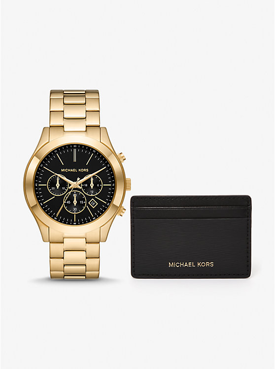 Women Michael Kors Oversized Slim Runway and Card Case Gift Set Watches Black / Gold | HUGXQL-357