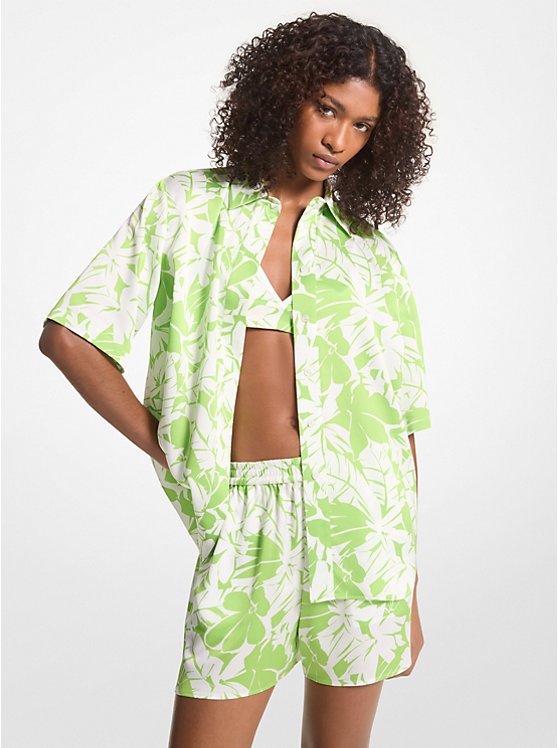 Women Michael Kors Palm Print Satin Cabana Shirts Green | JUAXTW-287