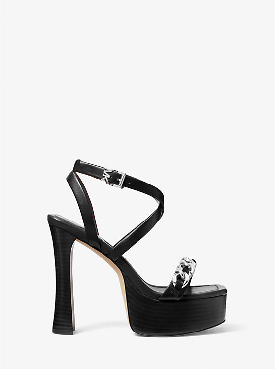 Women Michael Kors Paola Chain Embellished Leather Platform Sandals Black | RHWIDT-563