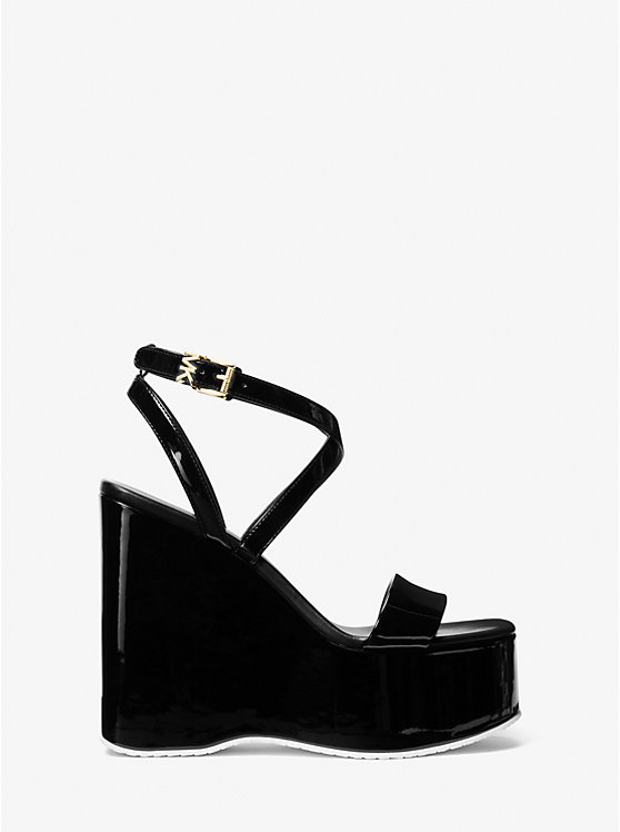 Women Michael Kors Paola Faux Patent Leather Wedge Sandals Black | YRVXJB-516