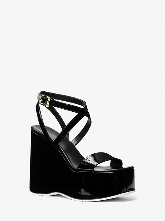 Women Michael Kors Paola Faux Patent Leather Wedge Sandals Black | YRVXJB-516