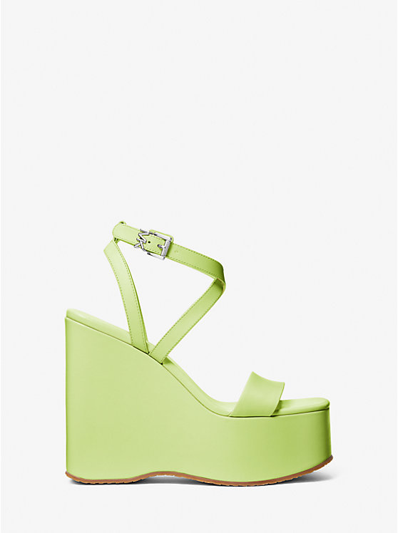 Women Michael Kors Paola Leather Wedge Sandals Green | ZEYPNT-925