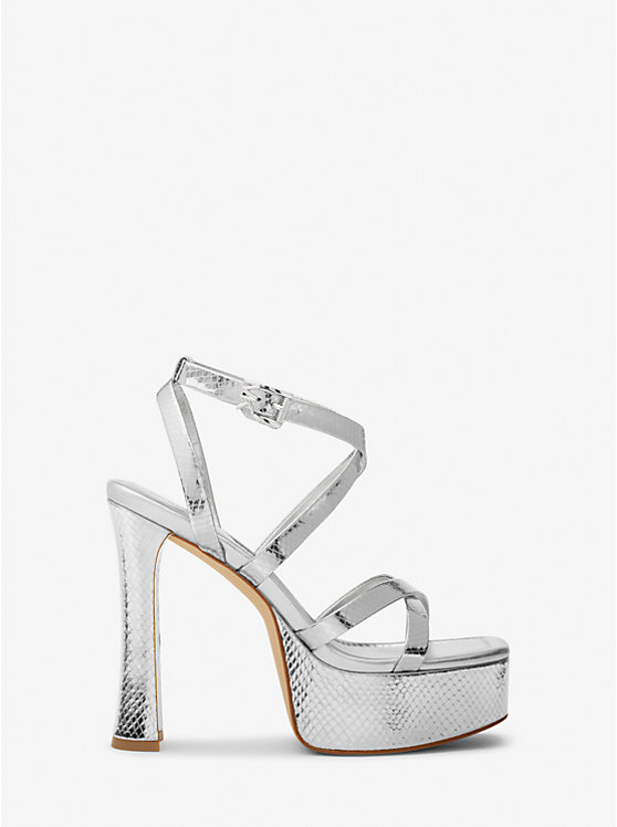 Women Michael Kors Paola Metallic Snake Embossed Leather Platform Sandals Silver | CJTLXH-201