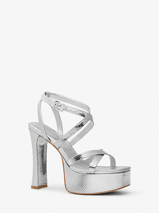 Women Michael Kors Paola Metallic Snake Embossed Leather Platform Sandals Silver | CJTLXH-201