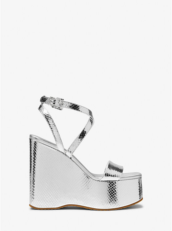 Women Michael Kors Paola Metallic Snake Embossed Leather Wedge Sandals Silver | SCHPTD-649