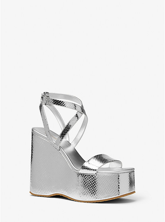 Women Michael Kors Paola Metallic Snake Embossed Leather Wedge Sandals Silver | SCHPTD-649