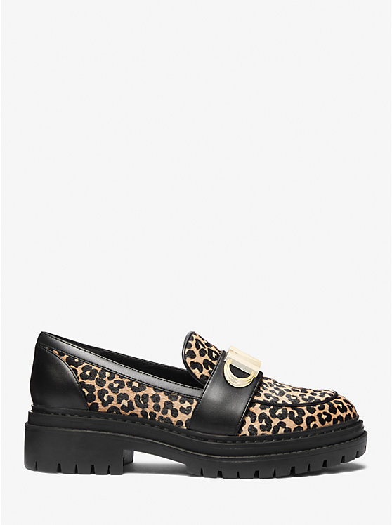 Women Michael Kors Parker Leopard Print Calf Hair Loafers Black | GHVJKM-078