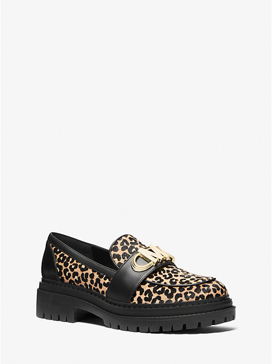 Women Michael Kors Parker Leopard Print Calf Hair Loafers Black | GHVJKM-078