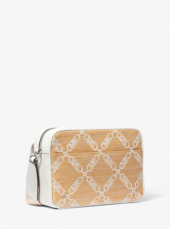 Women Michael Kors Parker Medium Empire Logo Jacquard Straw Crossbody Bags Beige | RXDOZL-874