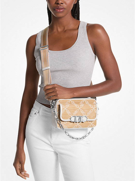 Women Michael Kors Parker Medium Empire Logo Jacquard Straw Crossbody Bags Beige | RXDOZL-874