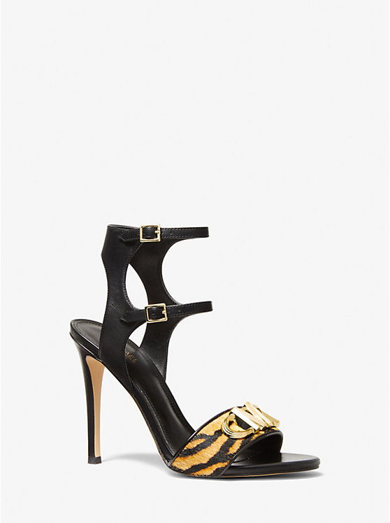 Women Michael Kors Parker Tiger Print Calf Hair and Leather Sandals Black | WMLJZV-364