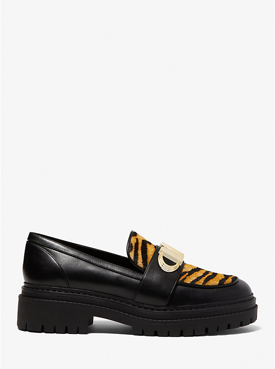 Women Michael Kors Parker Tiger Print Calf Hair and Leather Loafers Black | RZULHN-891