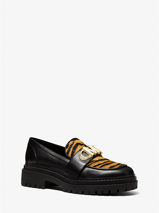 Women Michael Kors Parker Tiger Print Calf Hair and Leather Loafers Black | RZULHN-891