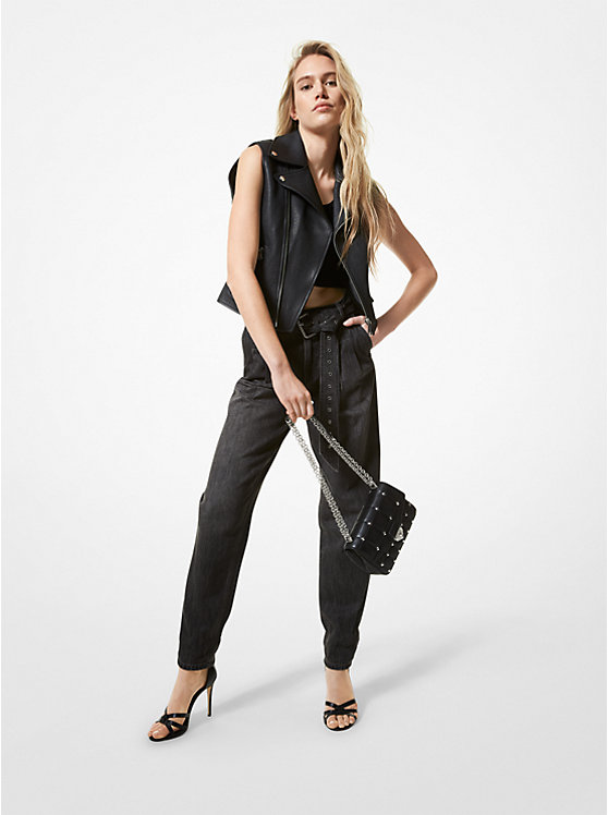 Women Michael Kors Pebbled Leather Moto Vest Black | HYLGEA-549