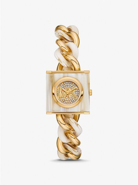 Women Michael Kors Petite Lock Pavé Gold-Tone and Acetate Chain Watches Gold | ZRSABE-941