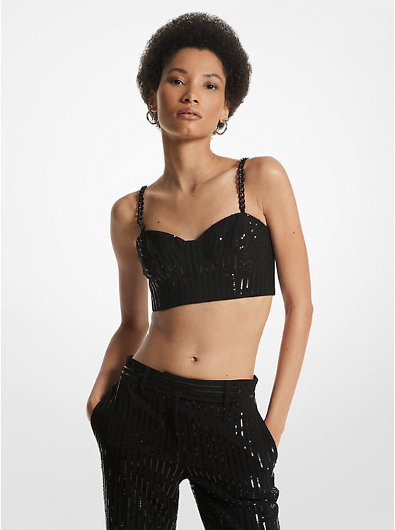 Women Michael Kors Pinstripe Sequined Crepe Bustier Tops Black | FHONMR-905