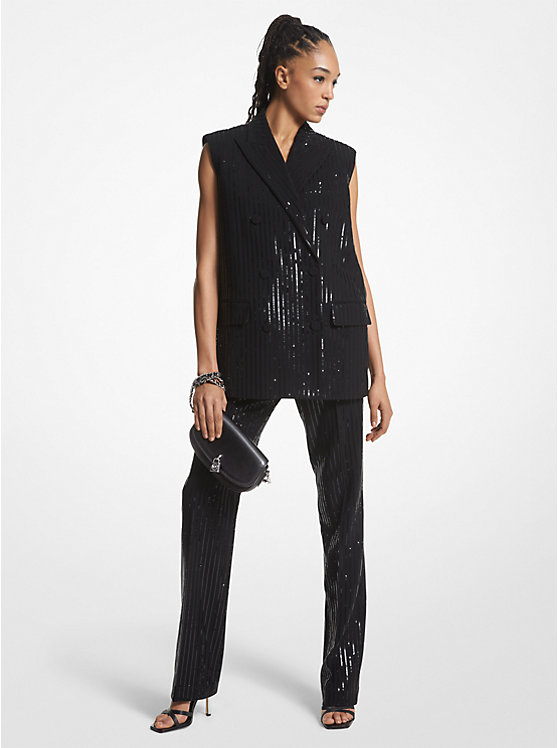 Women Michael Kors Pinstripe Sequined Crepe Sleeveless Blazers Black | ZOJXYB-965