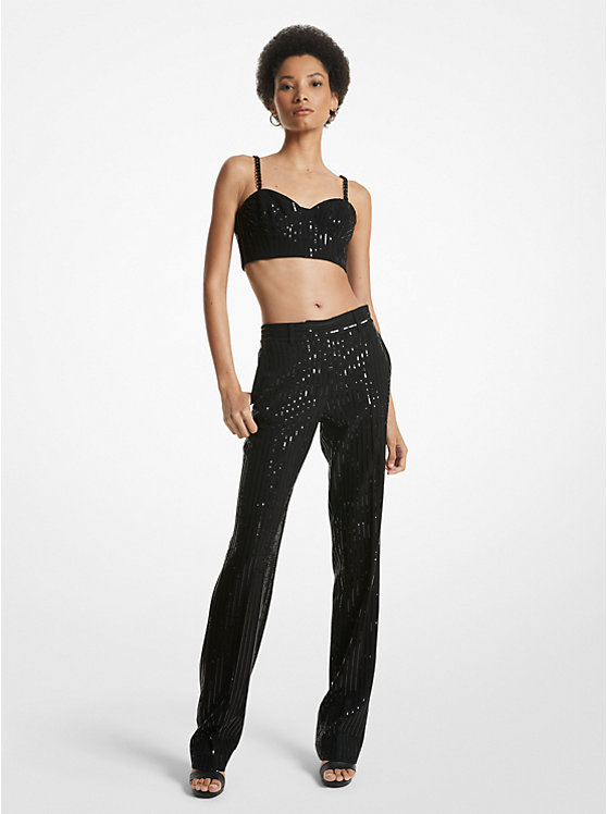 Women Michael Kors Pinstripe Sequined Crepe Straight-Leg Pants Black | UPCINZ-173