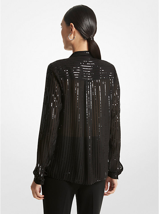 Women Michael Kors Pinstripe Sequined Georgette Tie-Neck Blouse Tops Black | KVTUZA-495