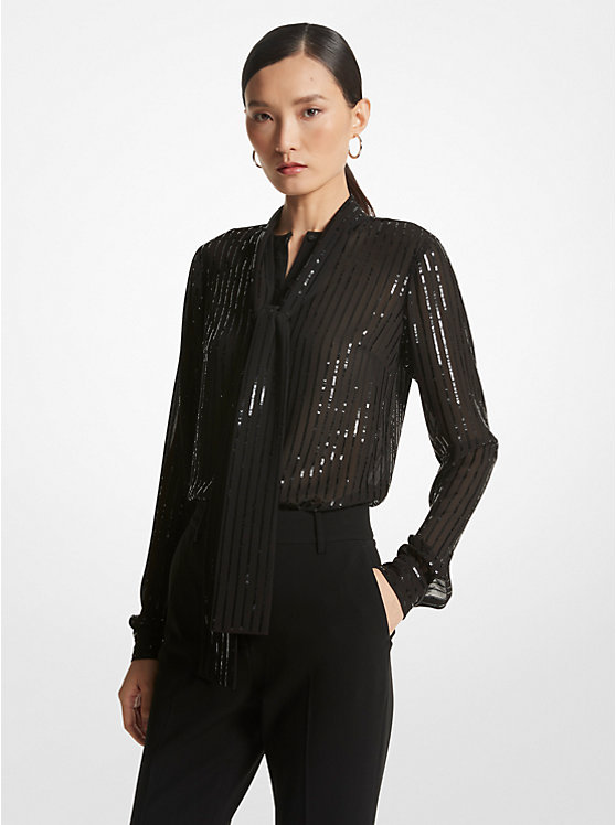 Women Michael Kors Pinstripe Sequined Georgette Tie-Neck Blouse Tops Black | KVTUZA-495