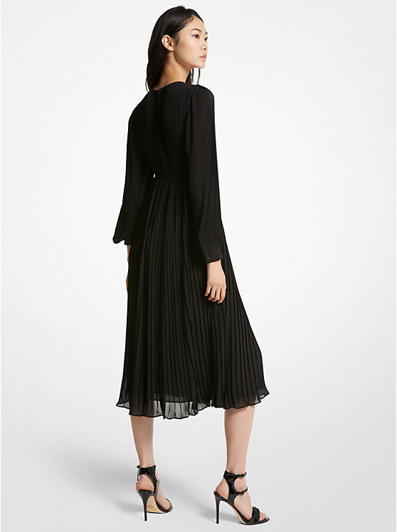 Women Michael Kors Pleated Georgette Midi Dress Black | YIXKTR-129