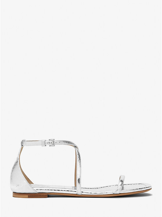 Women Michael Kors Polly Metallic Python Embossed Leather Sandals Silver | VZMEQK-495