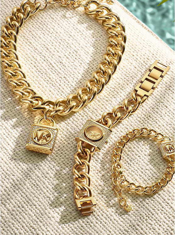 Women Michael Kors Precious Metal-Plated Brass Pavé Lock Curb Link Necklaces Gold | IEDOZR-490