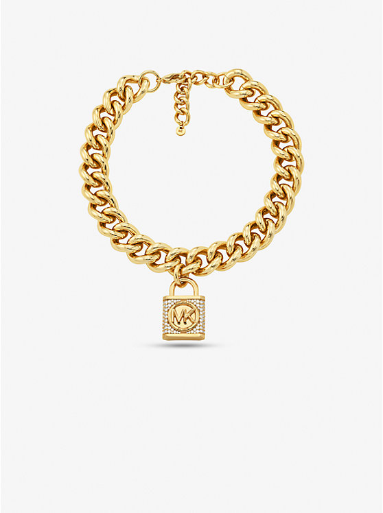 Women Michael Kors Precious Metal-Plated Brass Pavé Lock Curb Link Necklaces Gold | IEDOZR-490