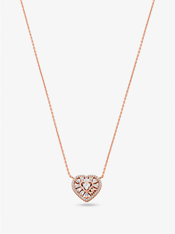 Women Michael Kors Precious Metal-Plated Sterling Silver Pavé Heart Necklaces Rose Gold | OCKSJZ-680