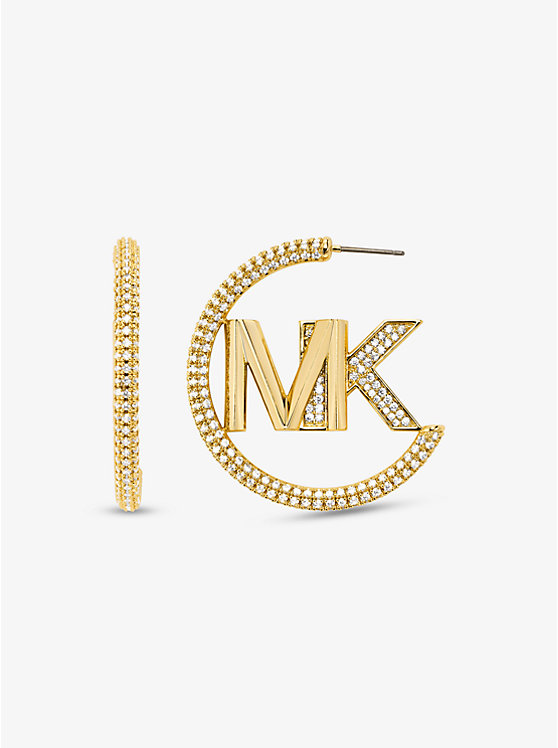 Women Michael Kors Precious Metal-Plated Brass Pavé Logo Hoop Earrings Gold | JETGLV-369