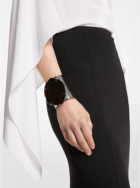 Women Michael Kors Precious Metal-Plated Brass and Agate Cuff Bracelets Black / Silver | QYACGN-812