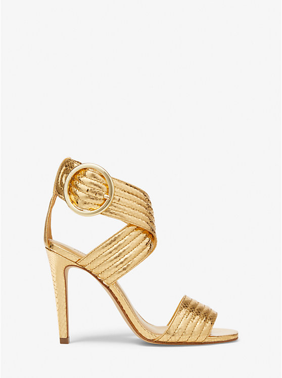 Women Michael Kors Remi Metallic Snake Embossed Leather Sandals Gold | DYBGPQ-081