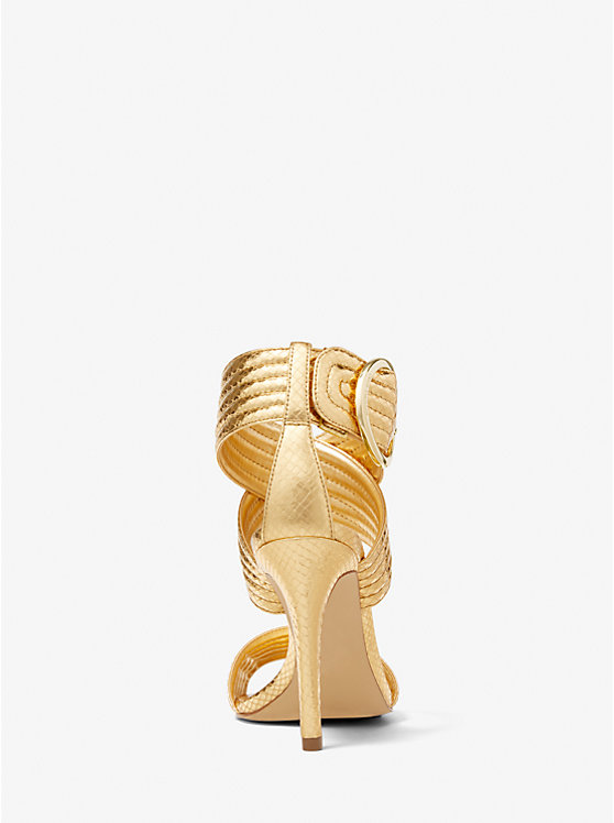 Women Michael Kors Remi Metallic Snake Embossed Leather Sandals Gold | DYBGPQ-081