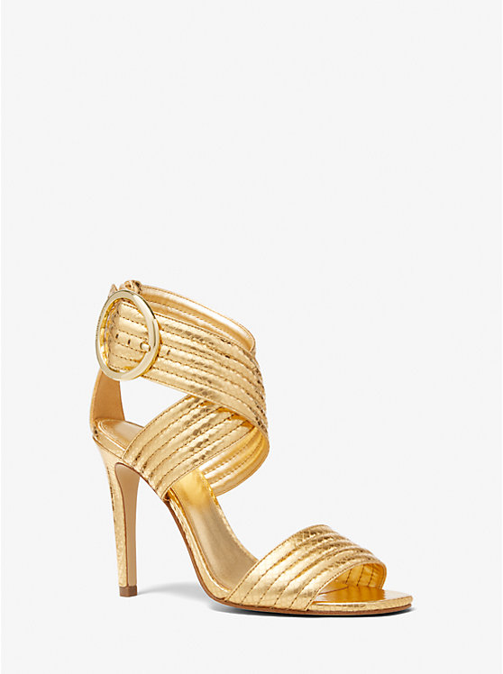 Women Michael Kors Remi Metallic Snake Embossed Leather Sandals Gold | DYBGPQ-081