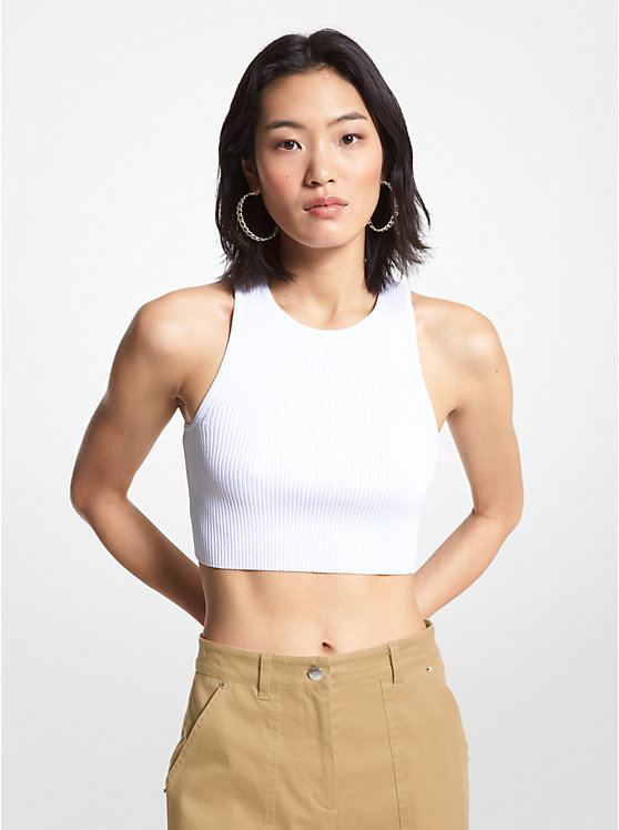 Women Michael Kors Ribbed Recycled Viscose Blend Cropped Tanks White | PXWSRD-405