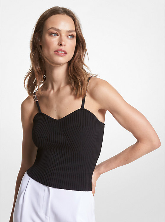 Women Michael Kors Ribbed Stretch Viscose Cropped Tanks Black | HMLBNI-614