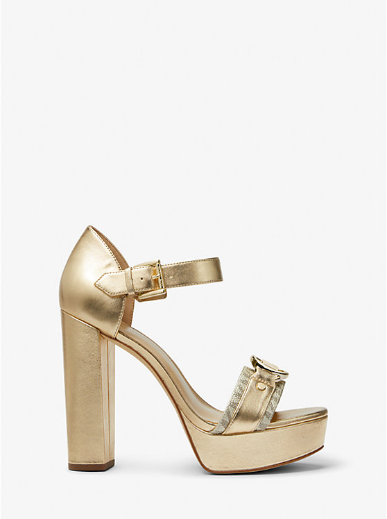 Women Michael Kors Rory Metallic Leather and Signature Logo Platform Sandals Gold | LBNMAY-920