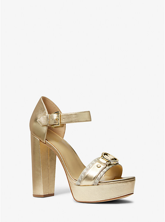 Women Michael Kors Rory Metallic Leather and Signature Logo Platform Sandals Gold | LBNMAY-920