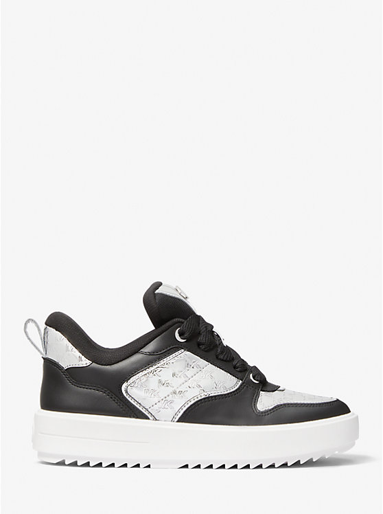 Women Michael Kors Rumi Leather and Logo-Embossed Metallic Platforms Sneakers Silver | JIVAWE-375