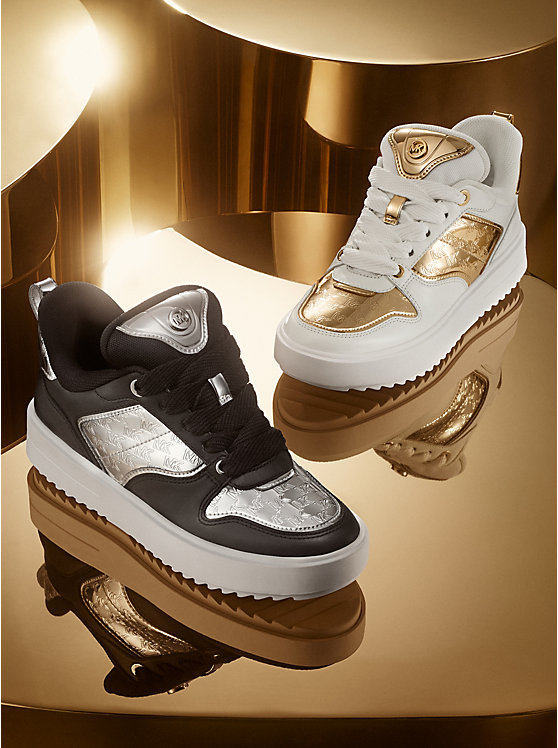 Women Michael Kors Rumi Leather and Logo-Embossed Metallic Platforms Sneakers Silver | JIVAWE-375