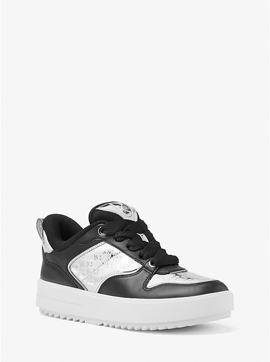 Women Michael Kors Rumi Leather and Logo-Embossed Metallic Platforms Sneakers Silver | JIVAWE-375