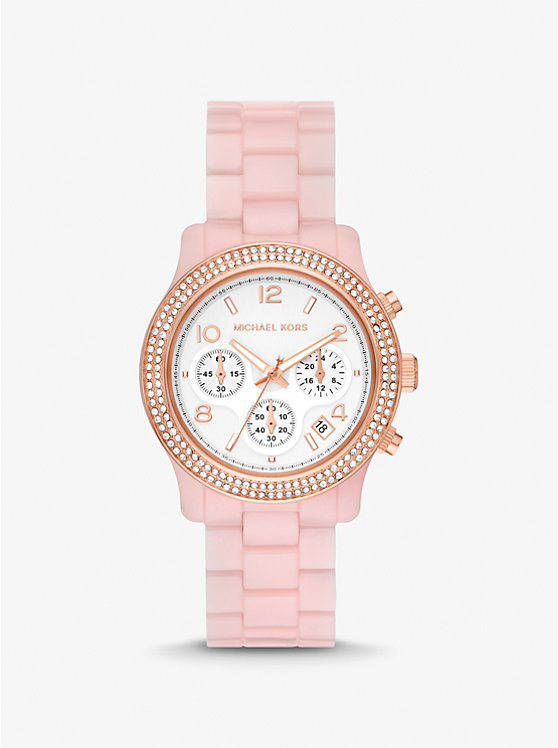 Women Michael Kors Runway Pavé Rose Gold-Tone and Blush Acetate Watches Pink | ALYRMJ-710