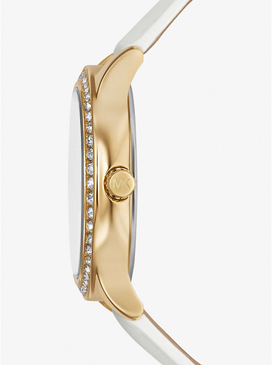 Women Michael Kors Sage Pavé Gold-Tone and Crocodile Embossed Leather Watches White | YCXPFG-615