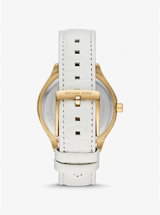 Women Michael Kors Sage Pavé Gold-Tone and Crocodile Embossed Leather Watches White | YCXPFG-615