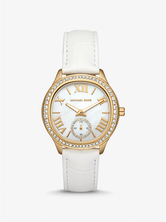 Women Michael Kors Sage Pavé Gold-Tone and Crocodile Embossed Leather Watches White | YCXPFG-615