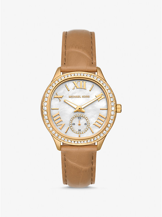 Women Michael Kors Sage Pavé Gold-Tone and Crocodile Embossed Leather Watches Gold | XSEBRU-078