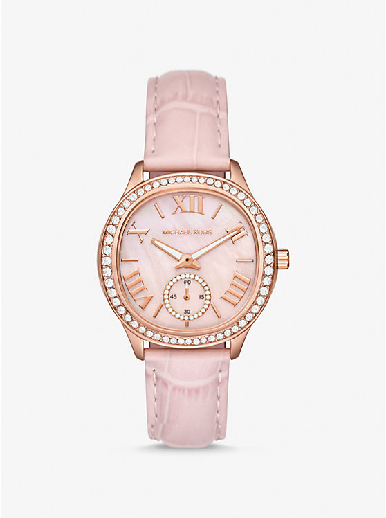 Women Michael Kors Sage Pavé Rose Gold-Tone and Crocodile Embossed Leather Watches Pink | CPABNE-136