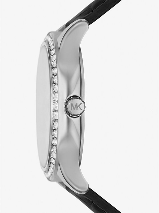 Women Michael Kors Sage Pavé Silver-Tone and Crocodile Embossed Leather Watches Black | BNOFUP-964